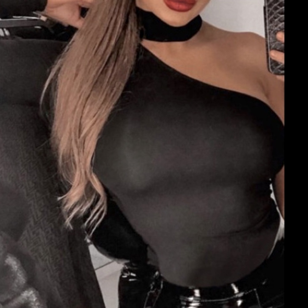Black Rare Choker W/Button 1 Sleeve Stretchy  Bodysuit/1pc/Teddy/Blouse Sexy Top - Picture 5 of 6